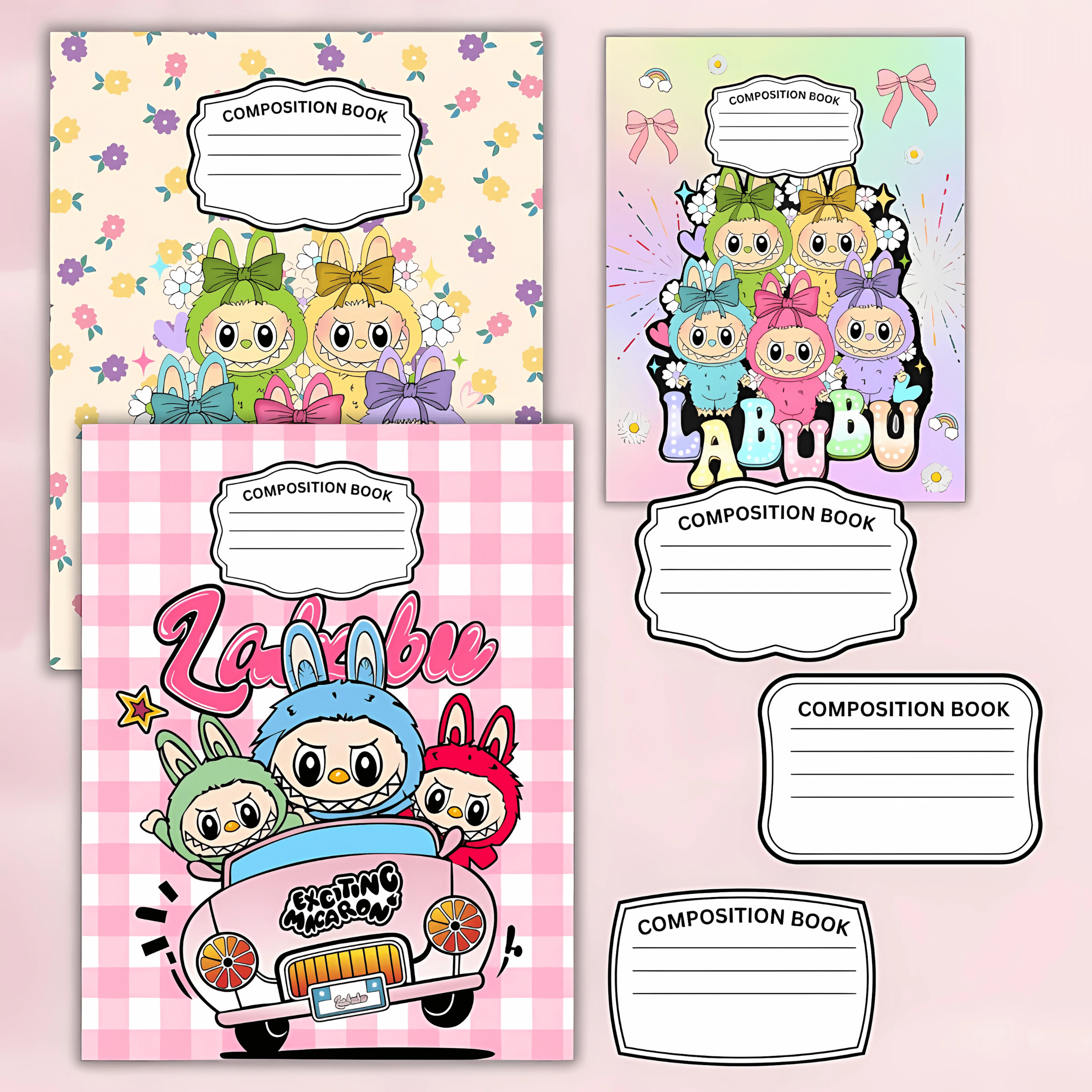 Labubu Composition Notebook Covers Digital Download | 8 Editable Canva Templates | Kawaii School Supplies