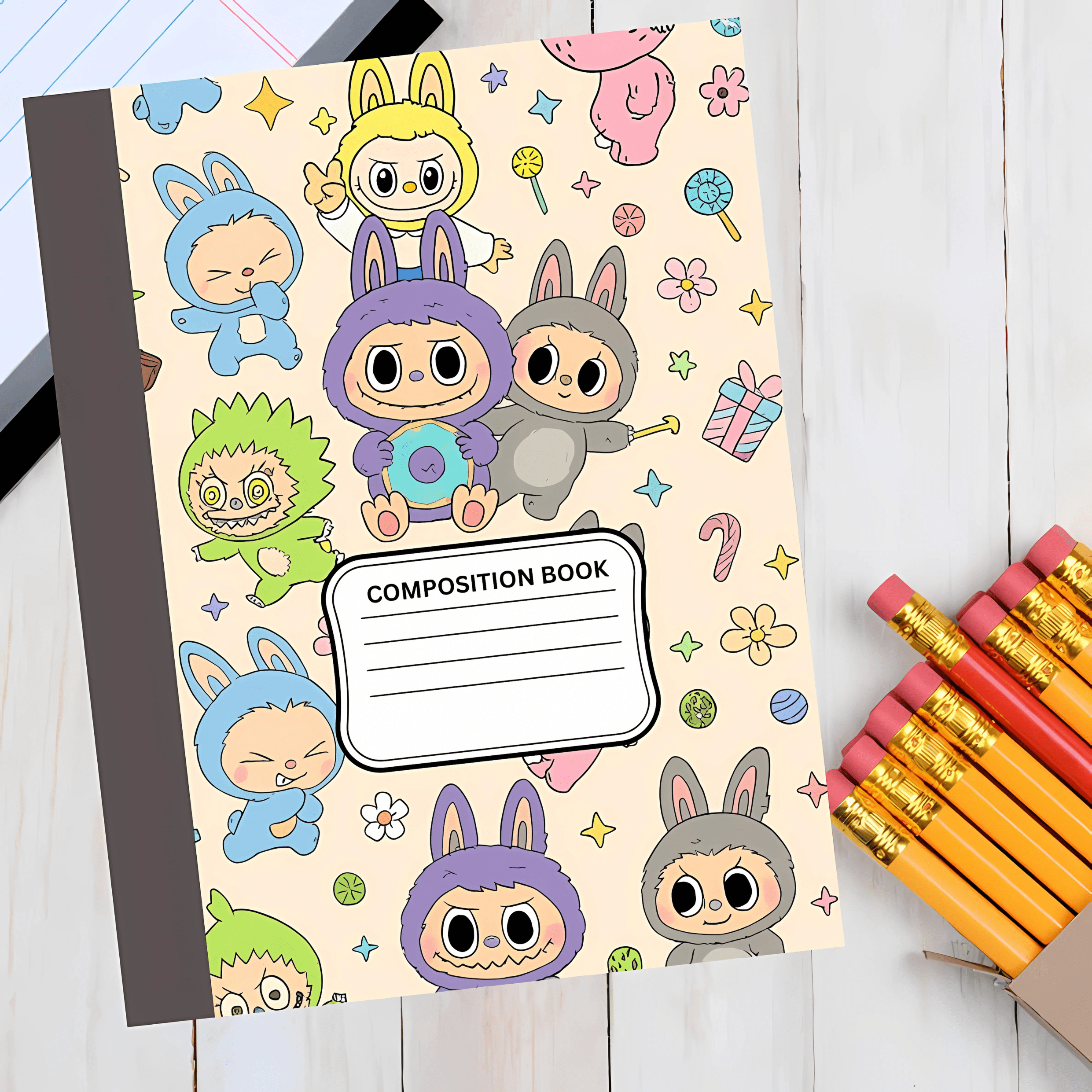 Labubu Composition Notebook Covers Digital Download | 8 Editable Canva Templates | Kawaii School Supplies