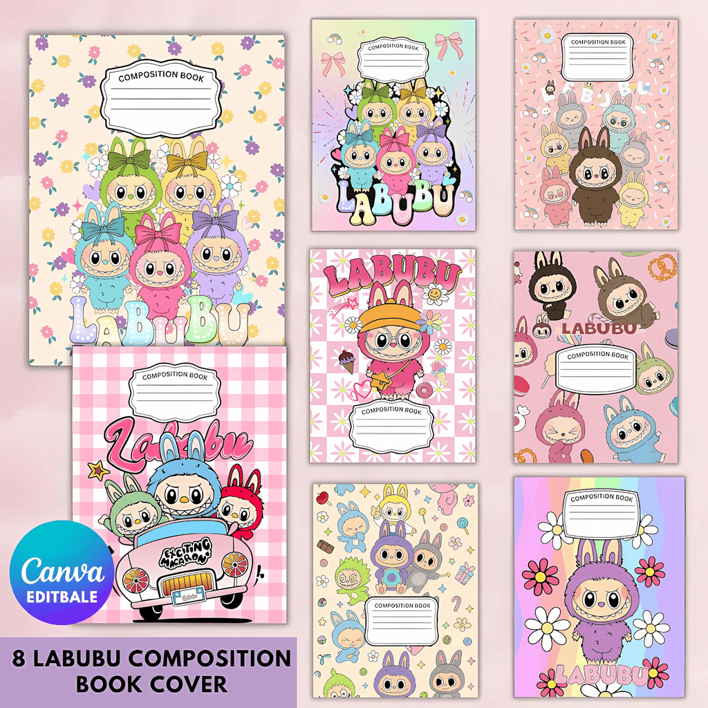 Labubu Composition Notebook Covers Digital Download | 8 Editable Canva Templates | Kawaii School Supplies