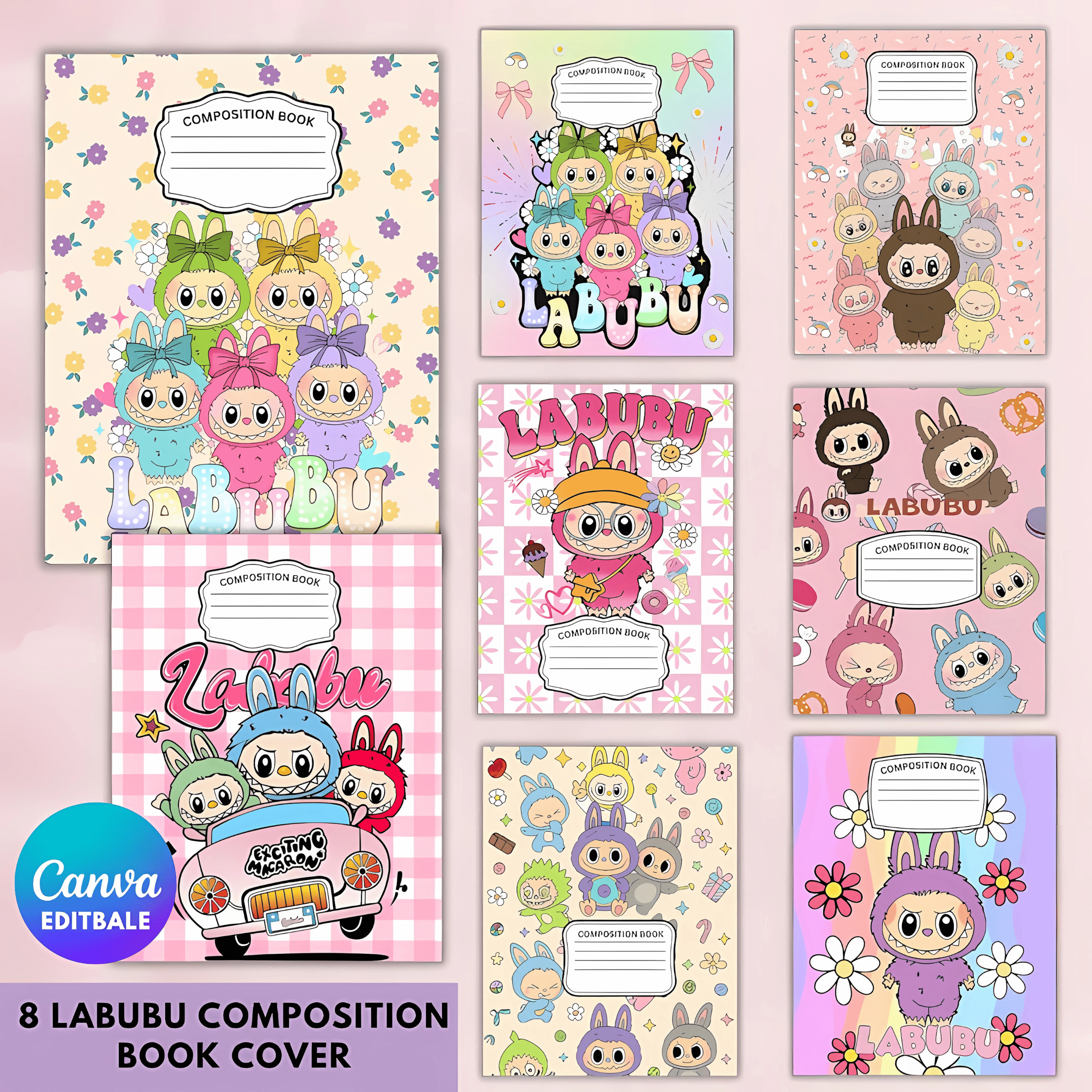 Labubu Composition Notebook Covers Digital Download | 8 Editable Canva Templates | Kawaii School Supplies